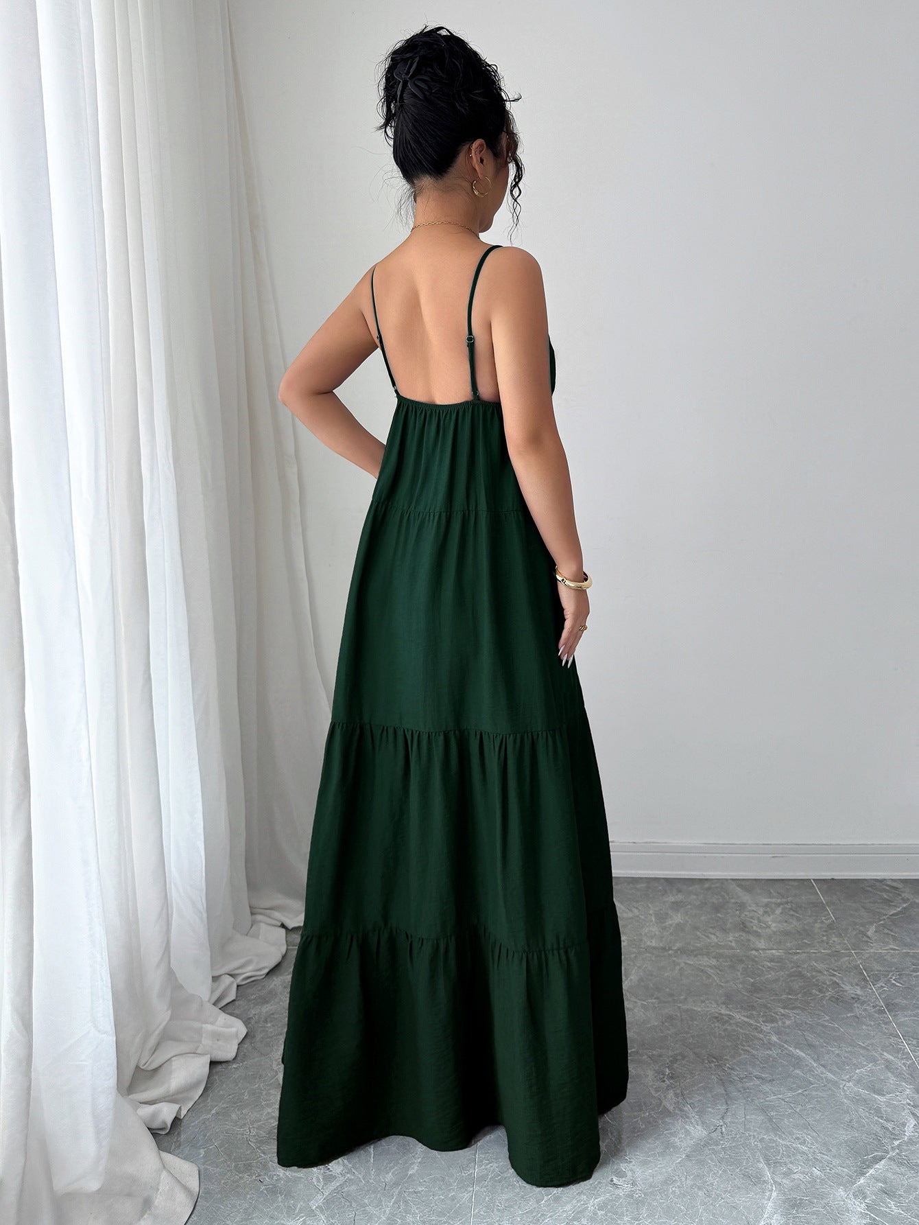 Spaghetti Strap Maxi Dress with Tie-Front V-Neck and Tiered Skirt