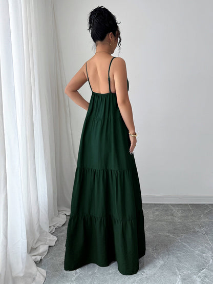 Spaghetti Strap Maxi Dress with Tie-Front V-Neck and Tiered Skirt