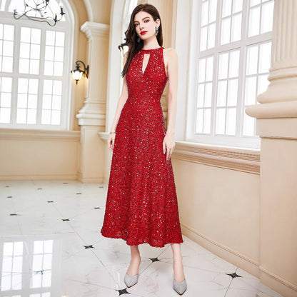 A-Line Sequined Midi Dress with Halter and Open Back