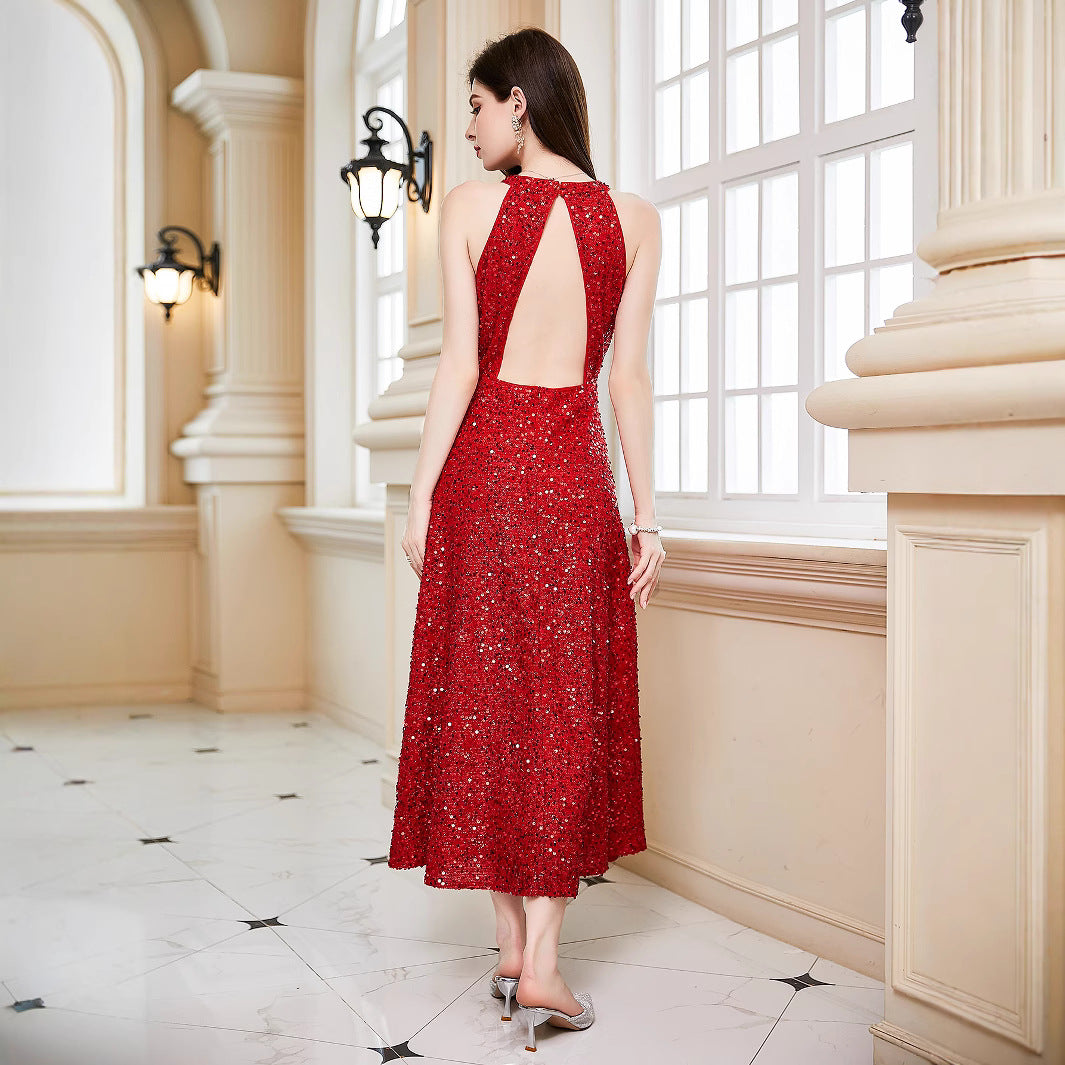 A-Line Sequined Midi Dress with Halter and Open Back