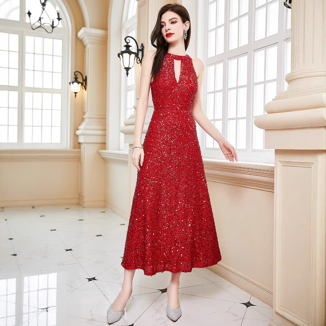 A-Line Sequined Midi Dress with Halter and Open Back