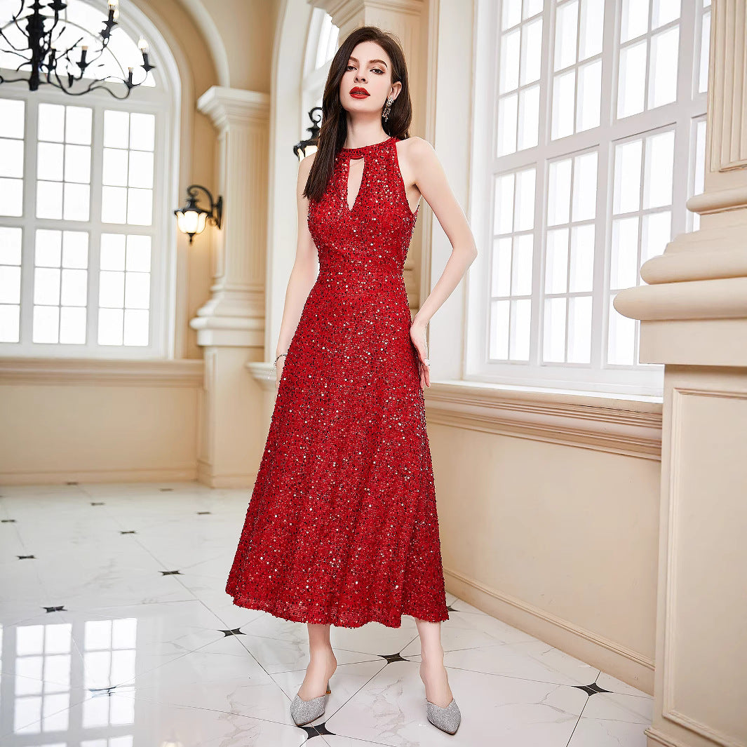 A-Line Sequined Midi Dress with Halter and Open Back