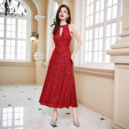 A-Line Sequined Midi Dress with Halter and Open Back