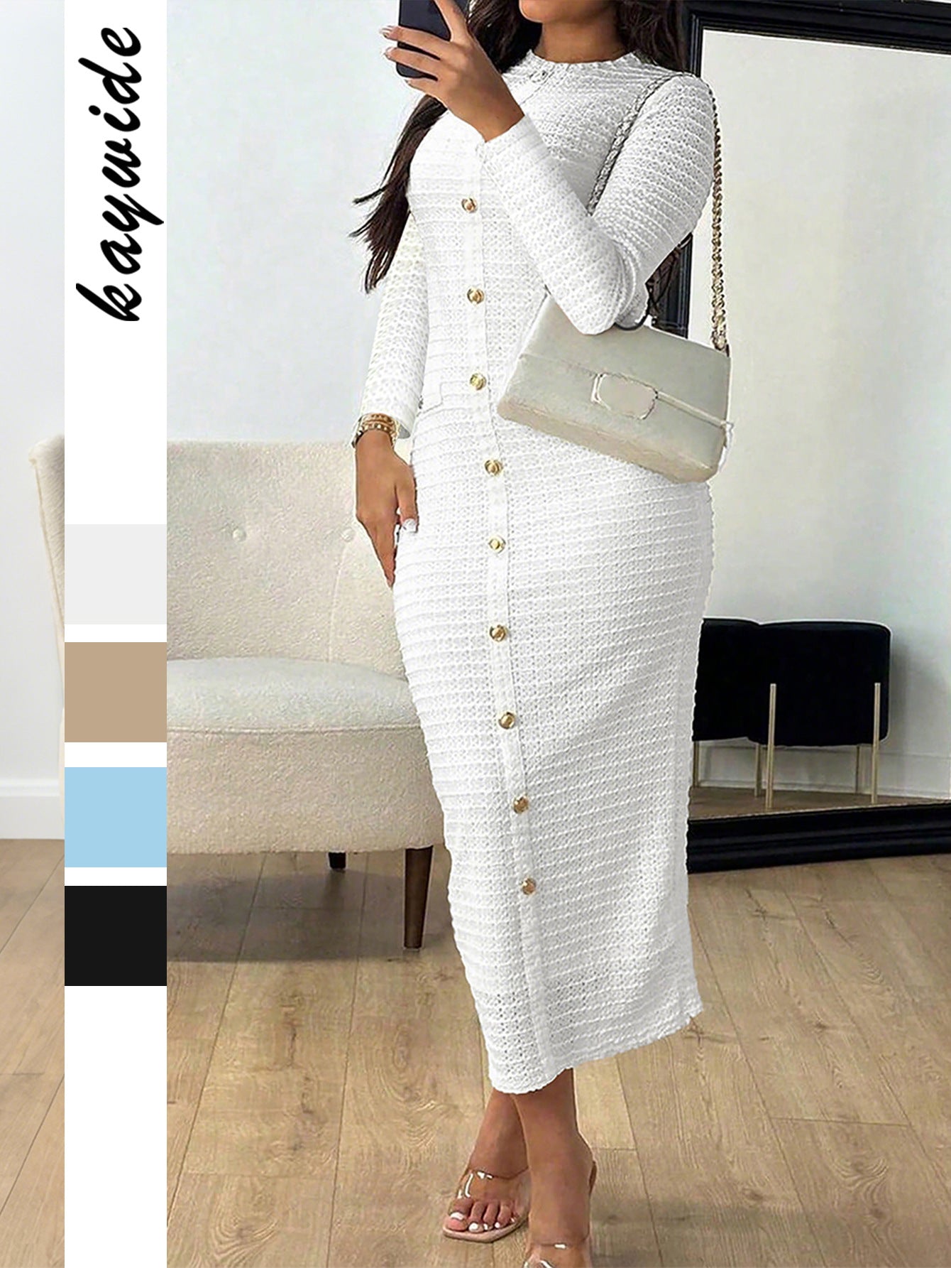 Textured Bodycon Midi Dress with Button Front