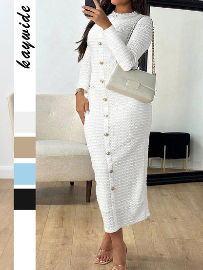 Textured Bodycon Midi Dress with Button Front