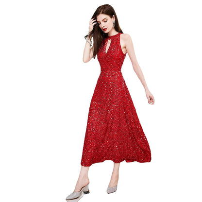 A-Line Sequined Midi Dress with Halter and Open Back