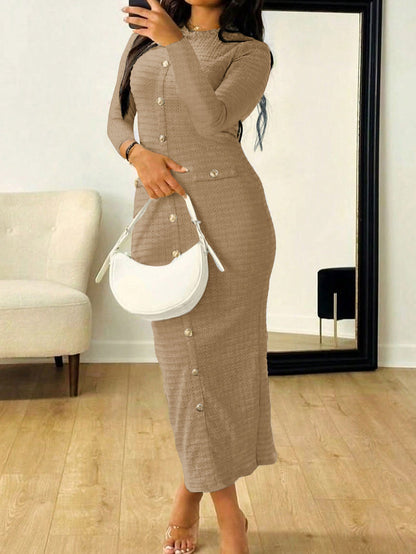 Textured Bodycon Midi Dress with Button Front