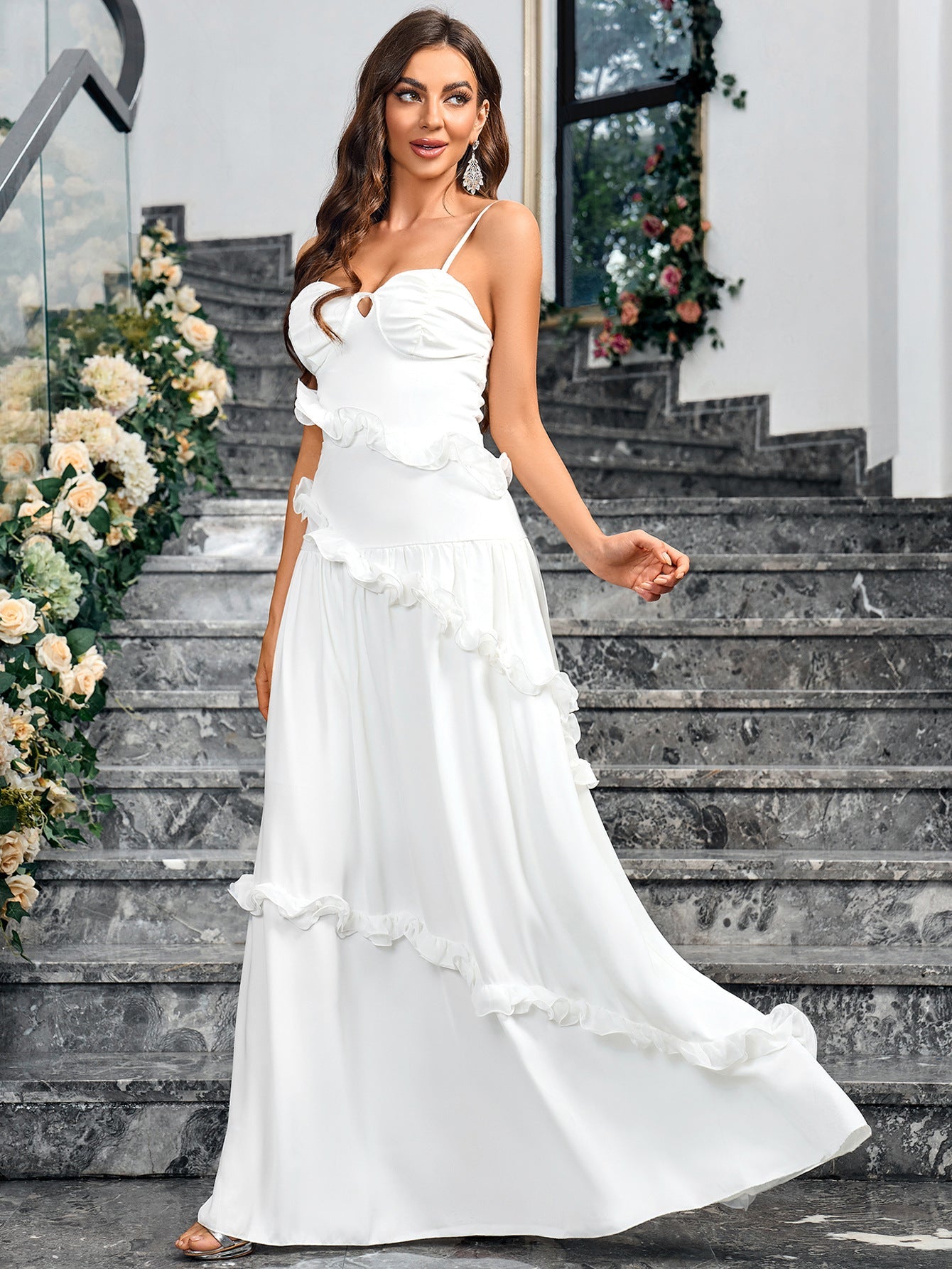 A-Line Maxi Dress with Ruffle Tiers and V-Neck