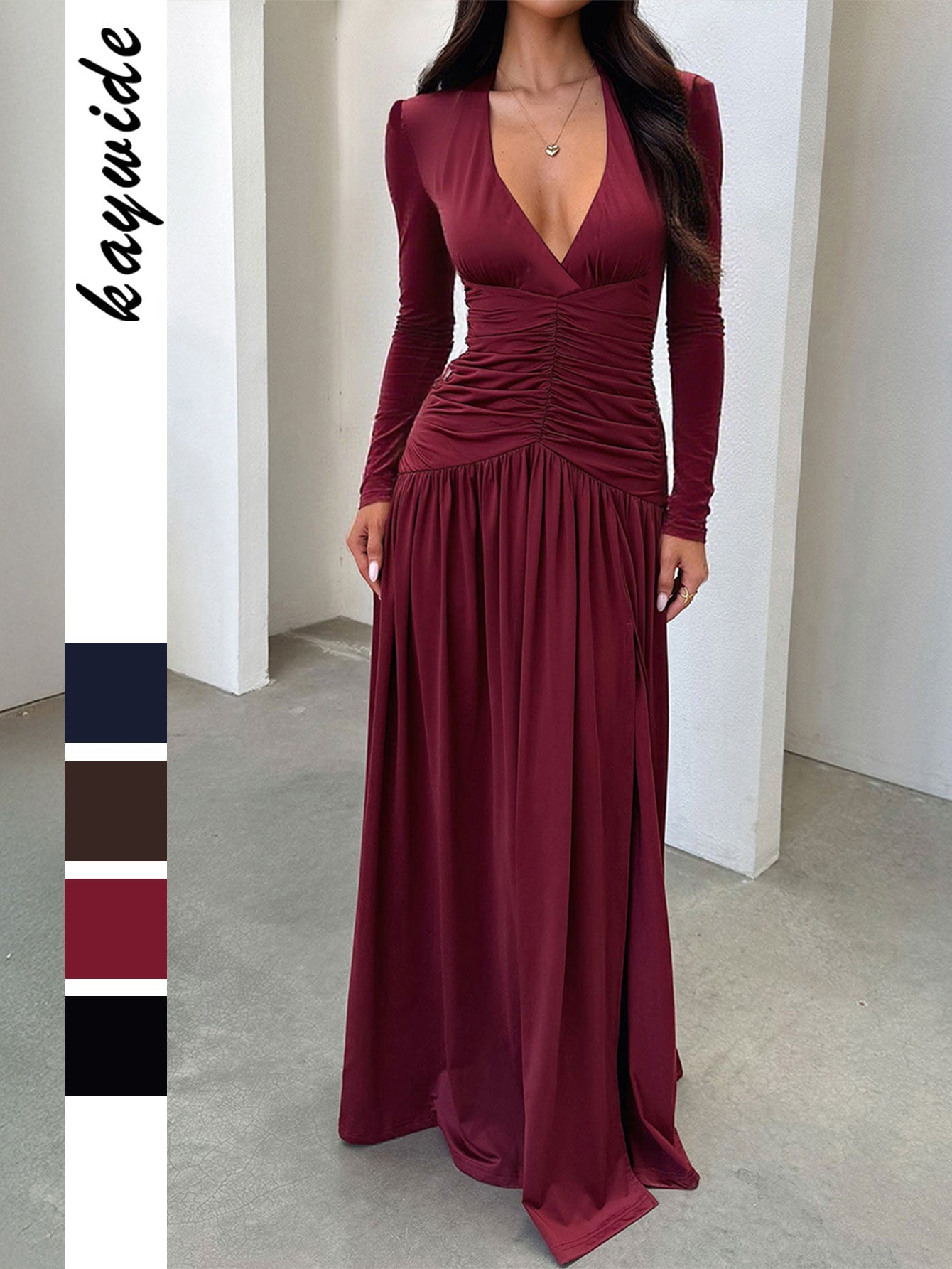 Maxi Dress with Deep V-Neck, Ruched Bodice, and Slit