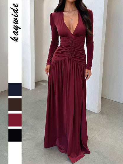 Maxi Dress with Deep V-Neck, Ruched Bodice, and Slit
