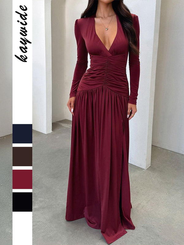 Maxi Dress with Deep V-Neck, Ruched Bodice, and Slit