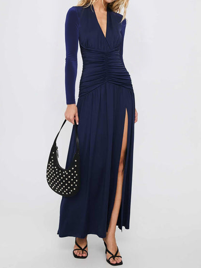 Maxi Dress with Deep V-Neck, Ruched Bodice, and Slit