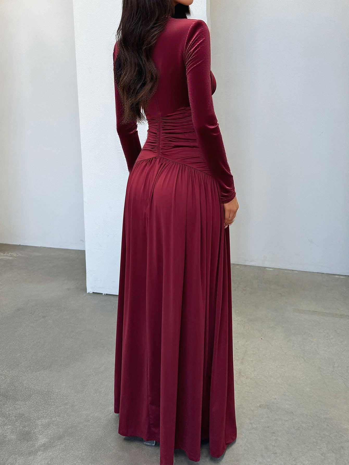 Maxi Dress with Deep V-Neck, Ruched Bodice, and Slit