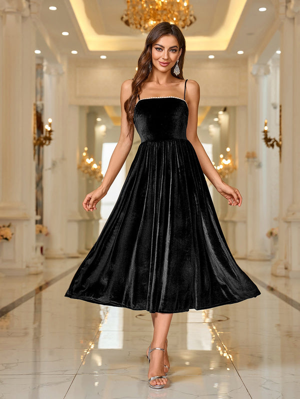 A-Line Velvet Midi Dress with Spaghetti Straps