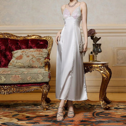 Satin Strap Midi Dress with Sequined V-Neck Bodice