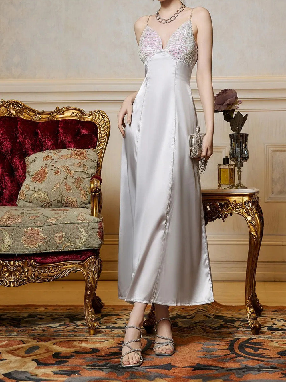 Satin Strap Midi Dress with Sequined V-Neck Bodice