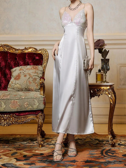 Satin Strap Midi Dress with Sequined V-Neck Bodice