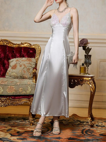 Satin Strap Midi Dress with Sequined V-Neck Bodice