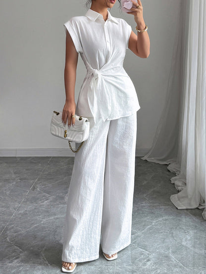 Solid Tie-Front Collared Top & Wide-Leg Pants Set
