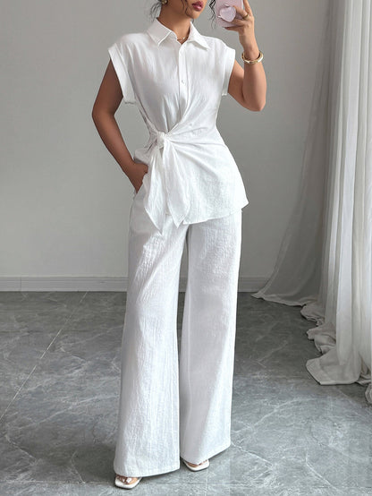 Solid Tie-Front Collared Top & Wide-Leg Pants Set