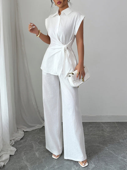 Solid Tie-Front Collared Top & Wide-Leg Pants Set