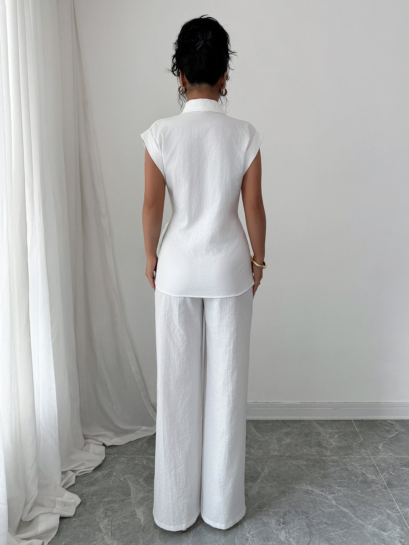 Solid Tie-Front Collared Top & Wide-Leg Pants Set