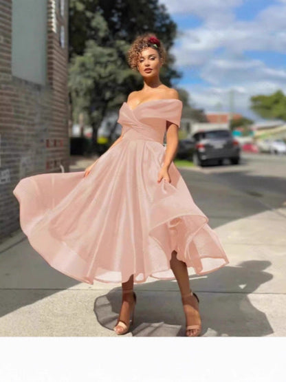 A-Line Midi Dress with Off-Shoulder and Gauze Skirt