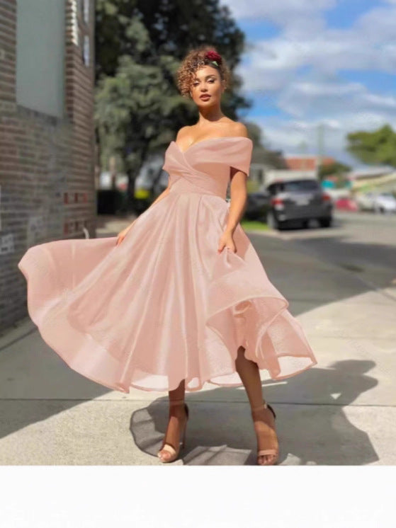 A-Line Midi Dress with Off-Shoulder and Gauze Skirt