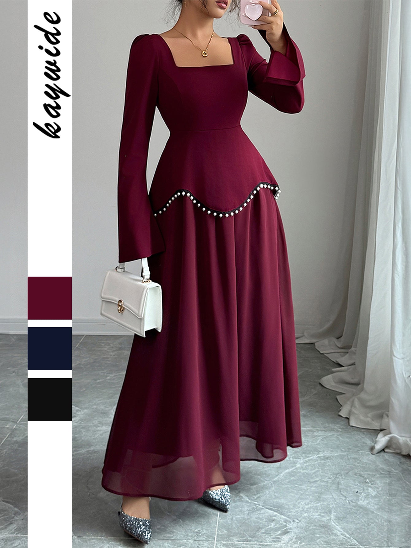 Solid A-Line Maxi Dress with Square Neck and Pearl Peplum