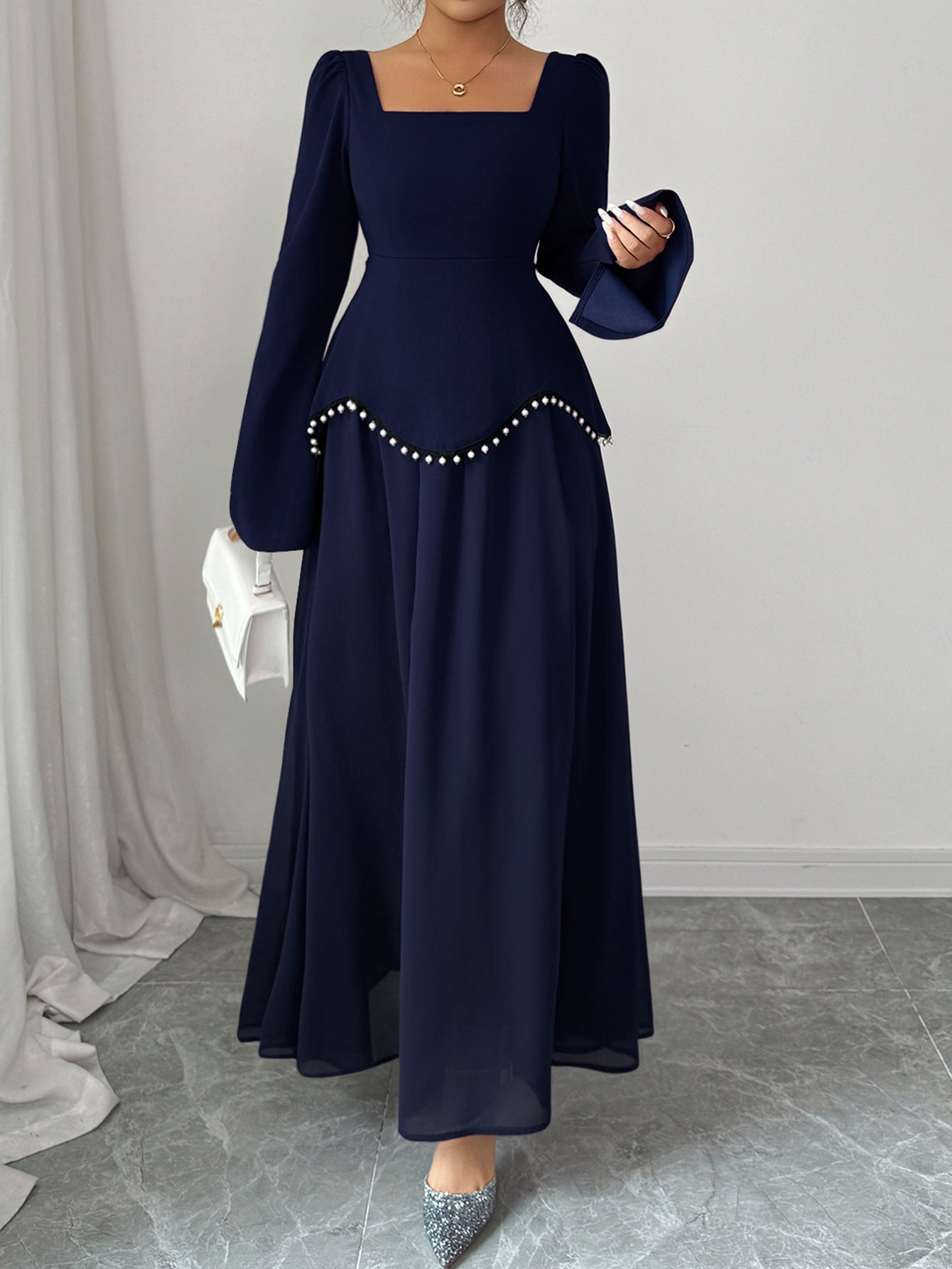 Solid A-Line Maxi Dress with Square Neck and Pearl Peplum