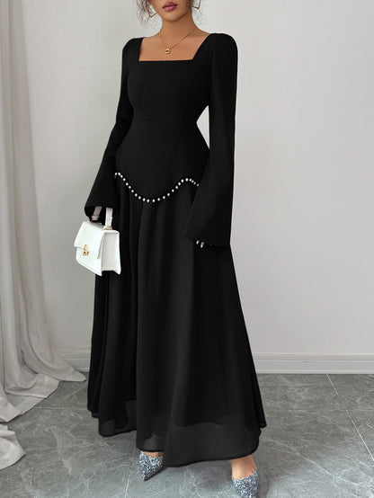 Solid A-Line Maxi Dress with Square Neck and Pearl Peplum