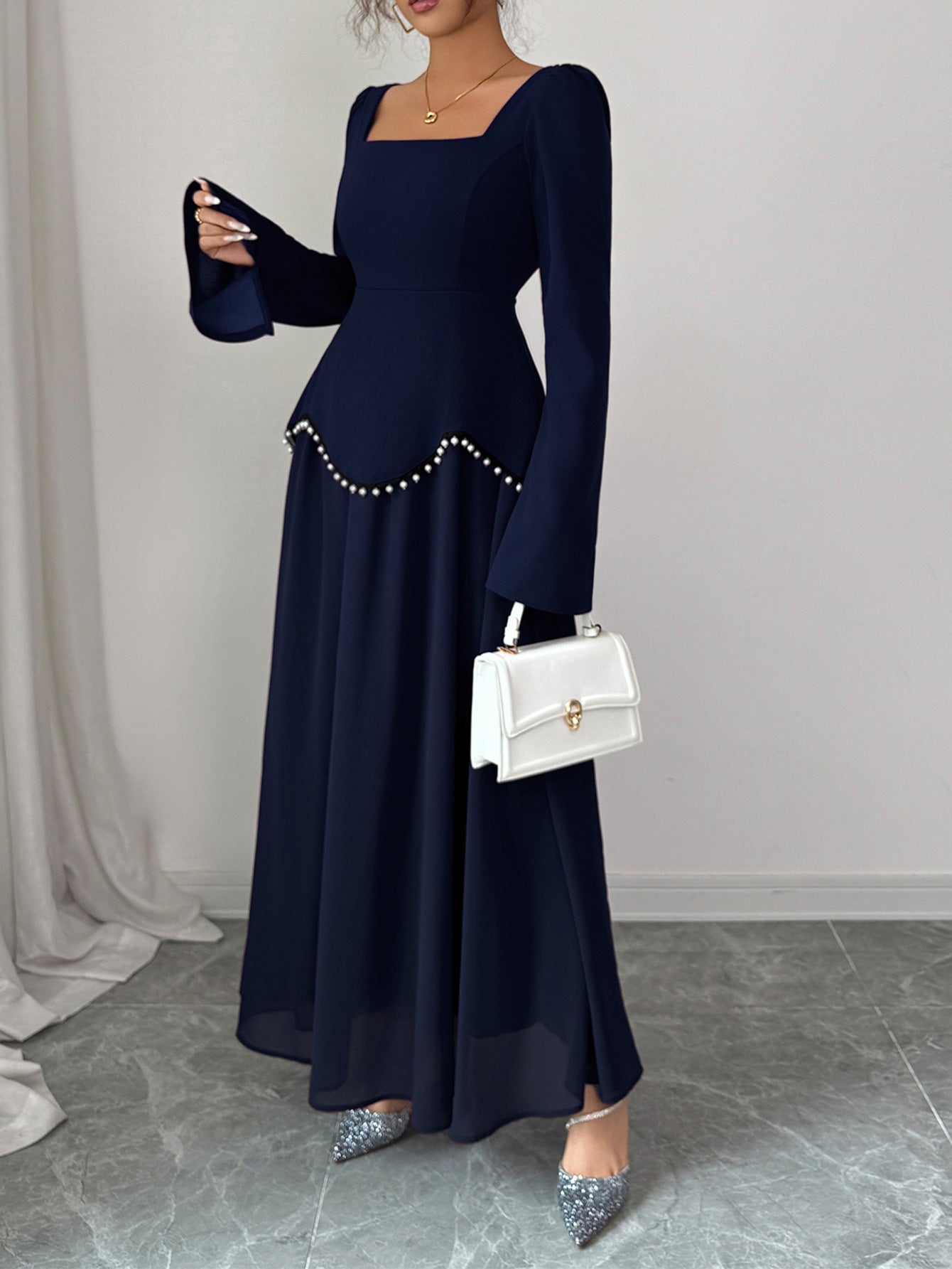Solid A-Line Maxi Dress with Square Neck and Pearl Peplum