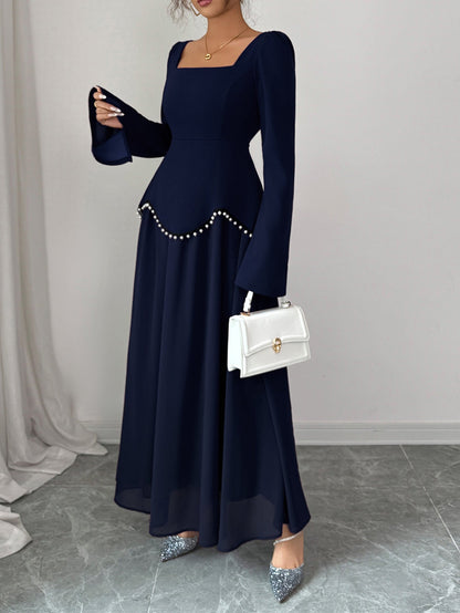 Solid A-Line Maxi Dress with Square Neck and Pearl Peplum