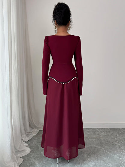 Solid A-Line Maxi Dress with Square Neck and Pearl Peplum