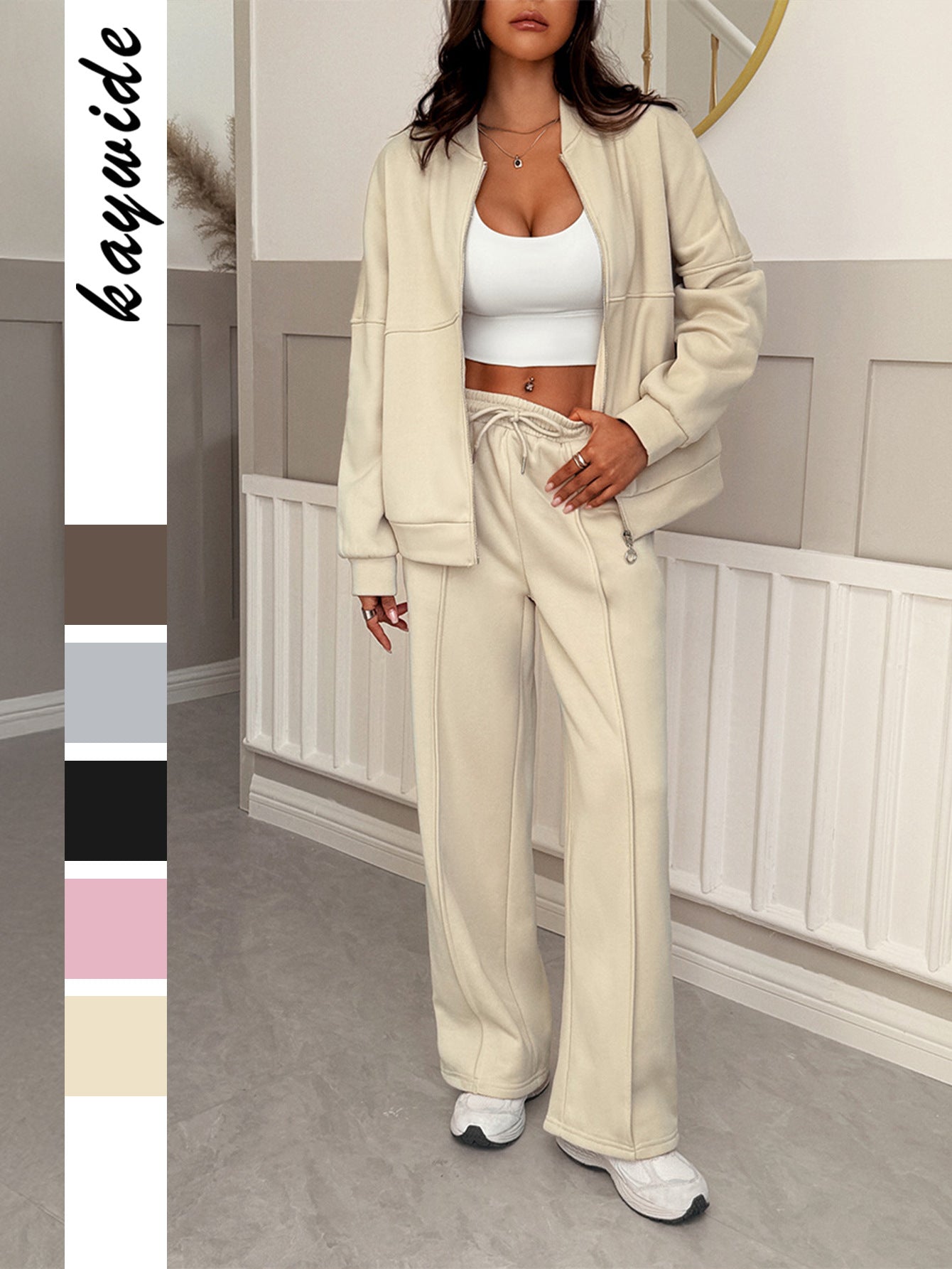 Solid Knit Tracksuit with Full-Zip Jacket and Wide-Leg Pants