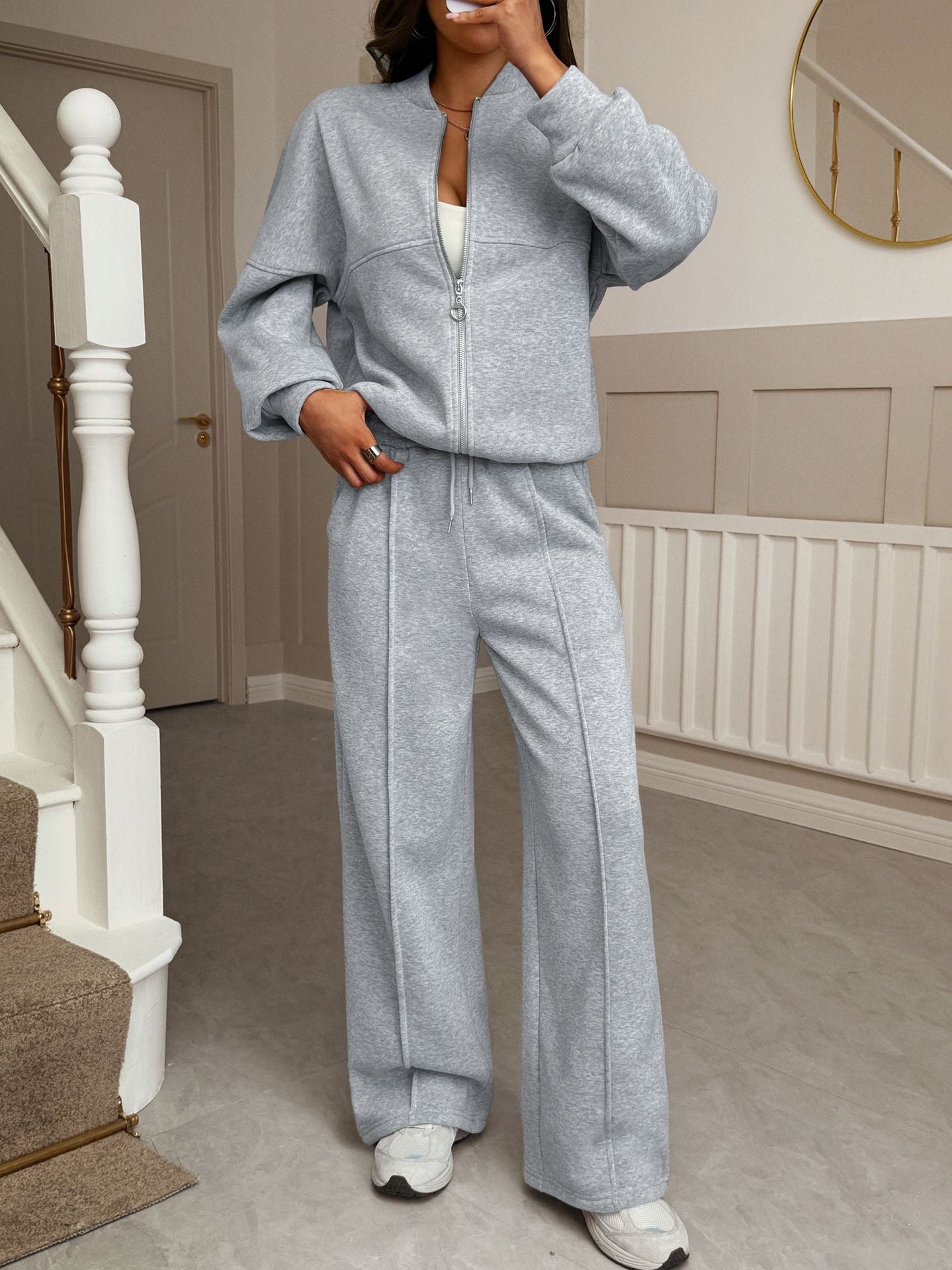 Solid Knit Tracksuit with Full-Zip Jacket and Wide-Leg Pants