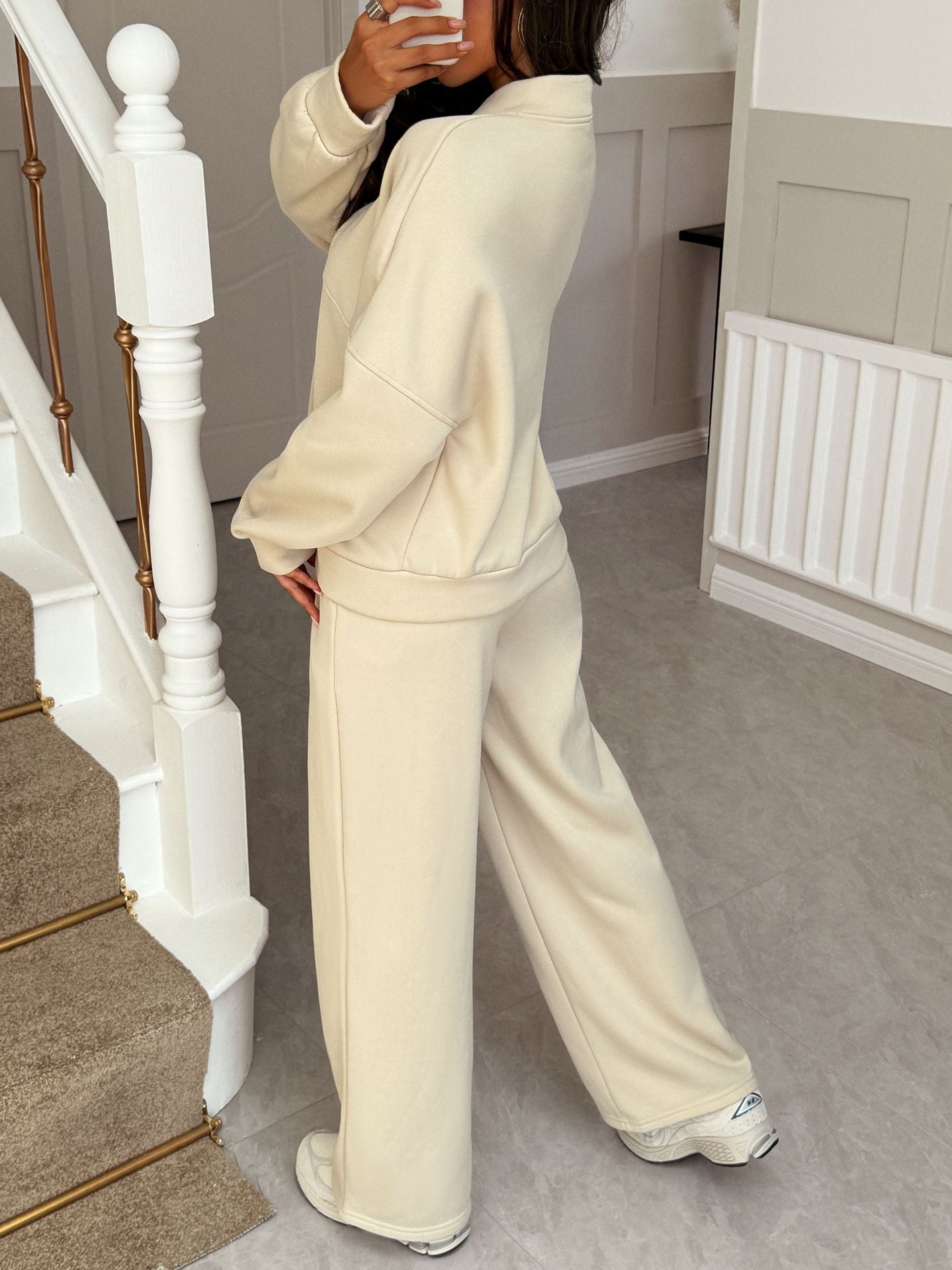 Solid Knit Tracksuit with Full-Zip Jacket and Wide-Leg Pants