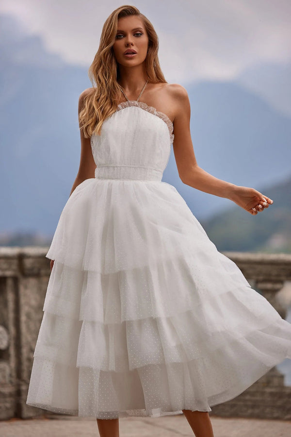 Tiered Dotted Tulle Midi Dress with Halter Neck