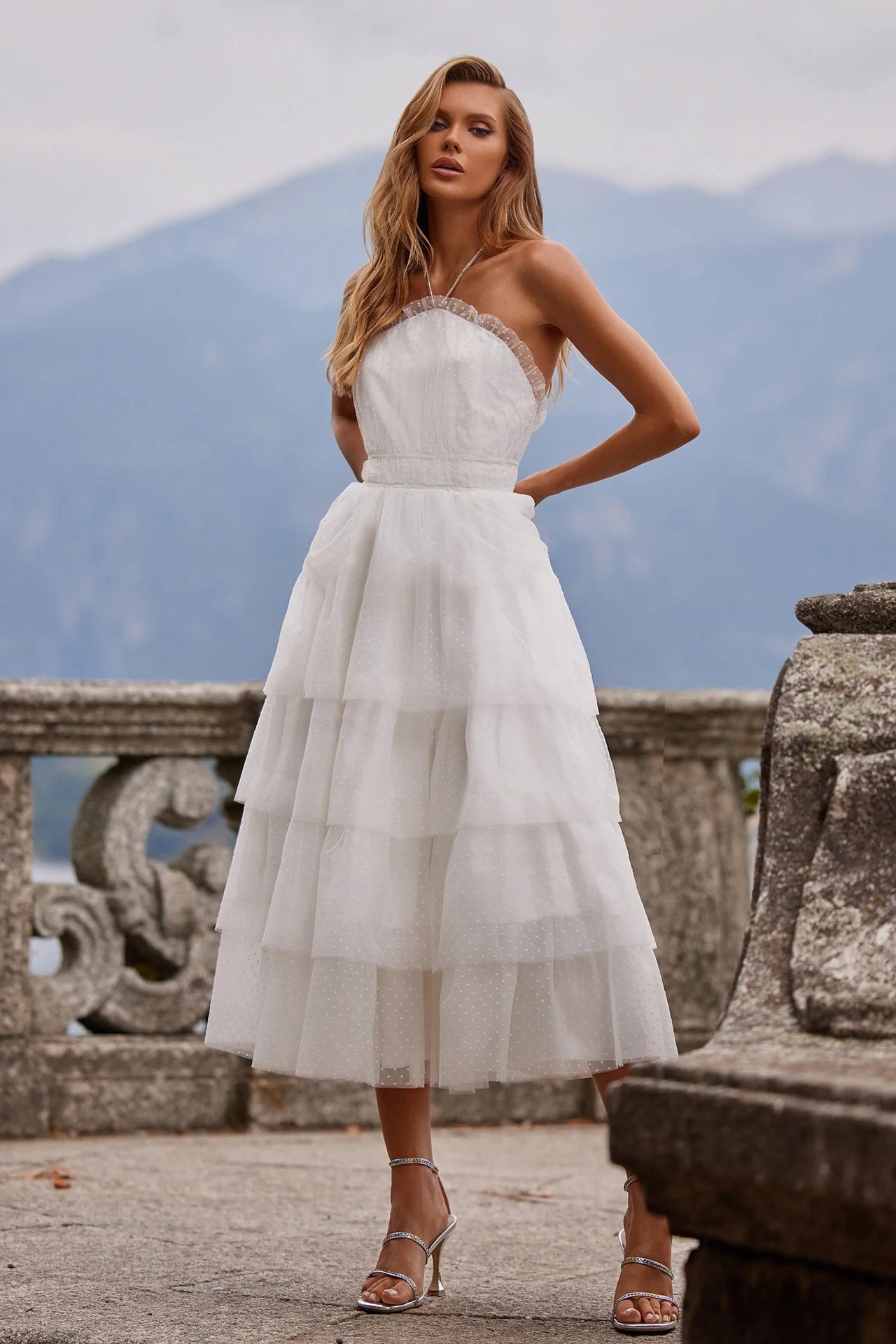 Tiered Dotted Tulle Midi Dress with Halter Neck