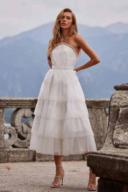 Tiered Dotted Tulle Midi Dress with Halter Neck