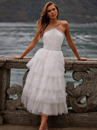 Tiered Dotted Tulle Midi Dress with Halter Neck