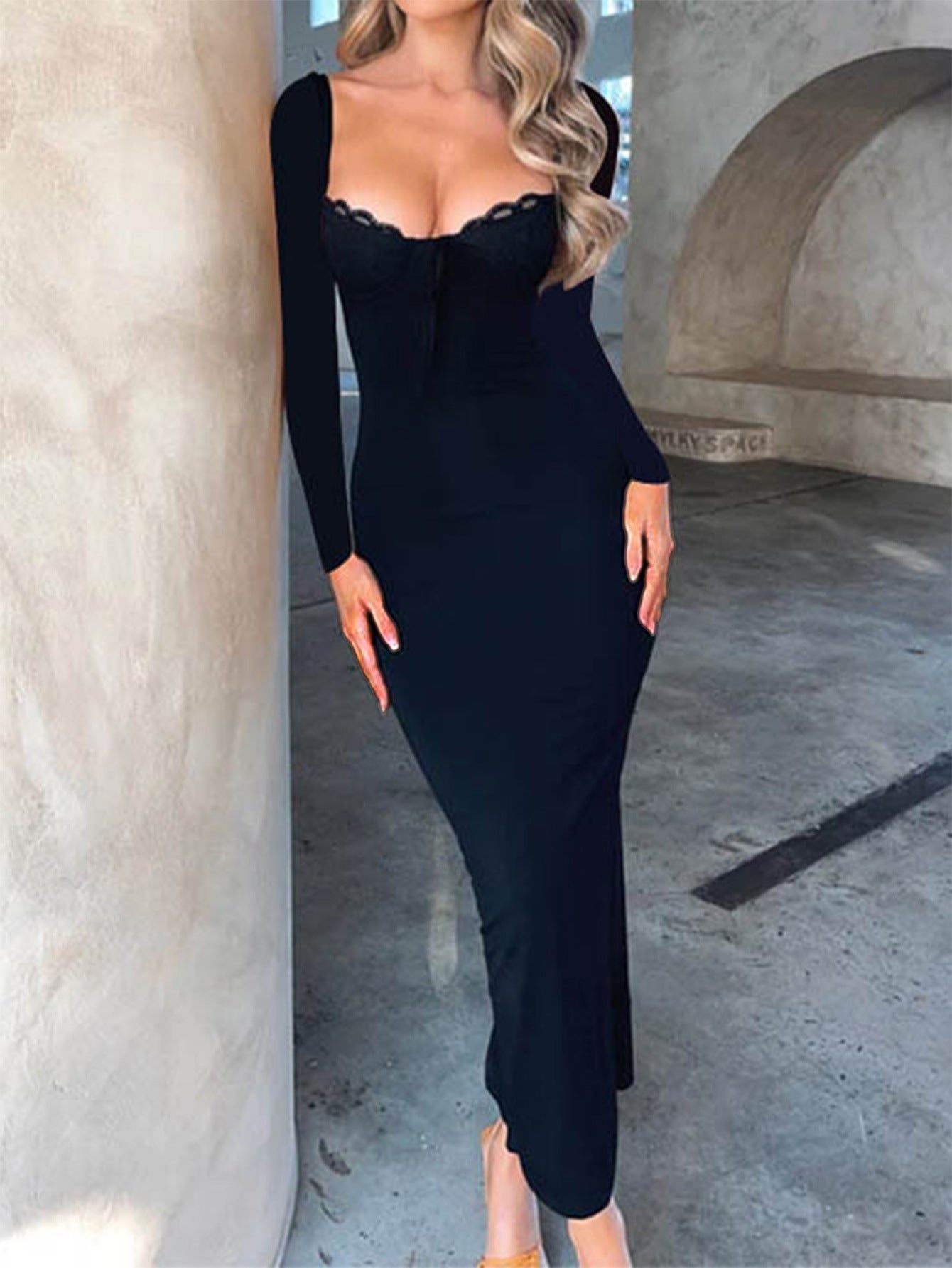 Bodycon Maxi Dress with Lace Bustier and Long Sleeves