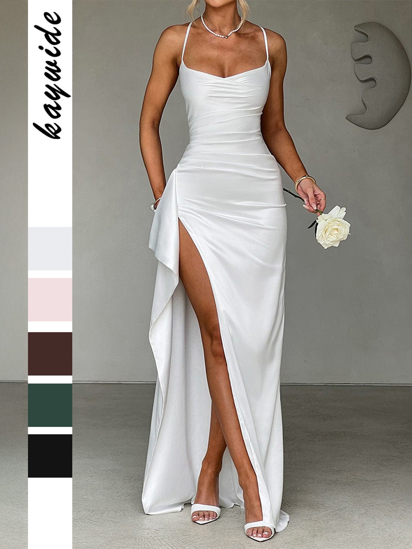 Satin-Finish Maxi Dress with Spaghetti Straps and High Slit