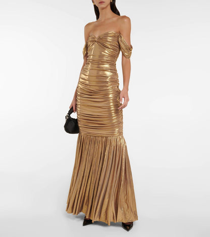 Metallic Ruched Gown with Off-Shoulder and Mermaid Hem