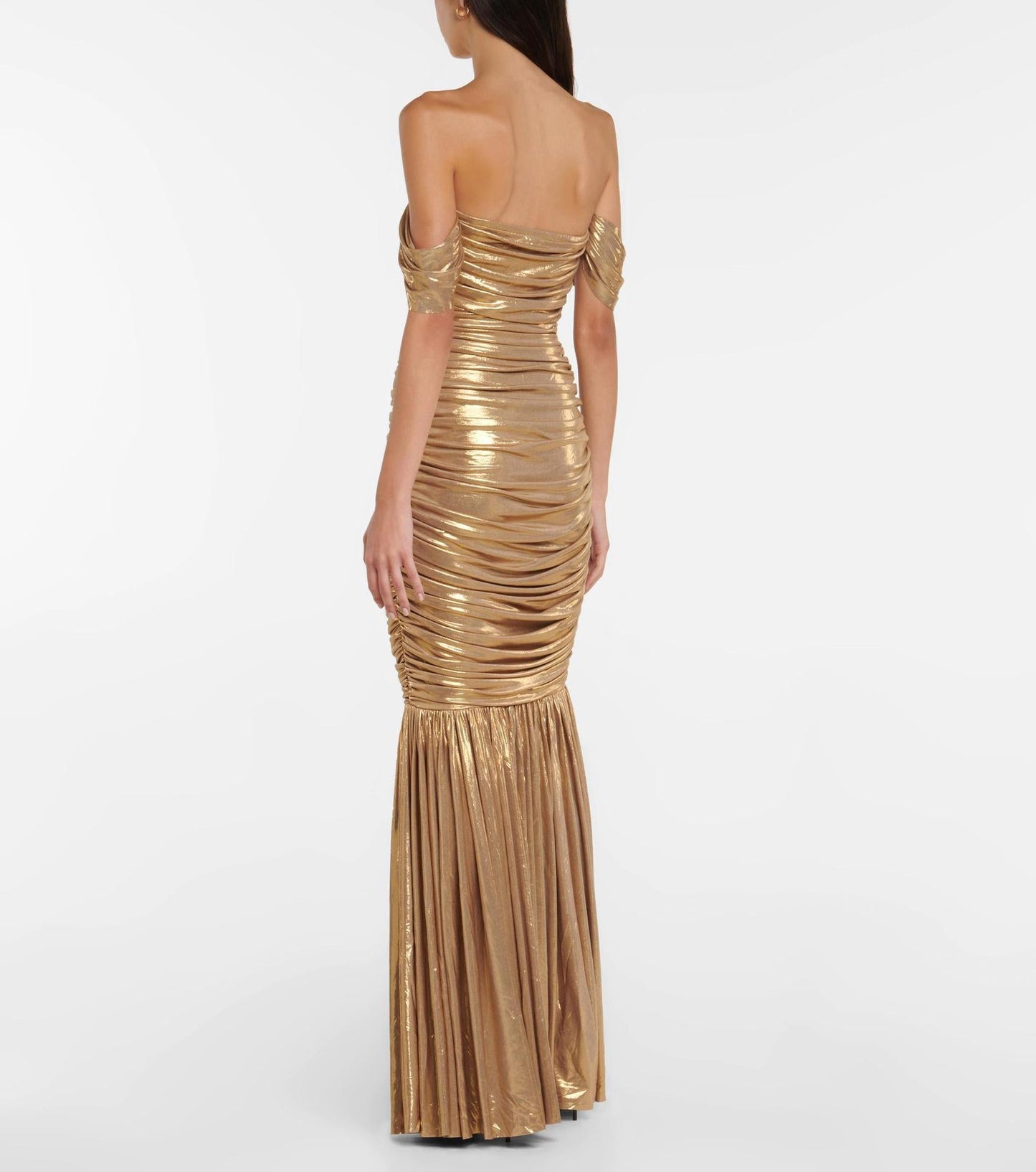 Metallic Ruched Gown with Off-Shoulder and Mermaid Hem