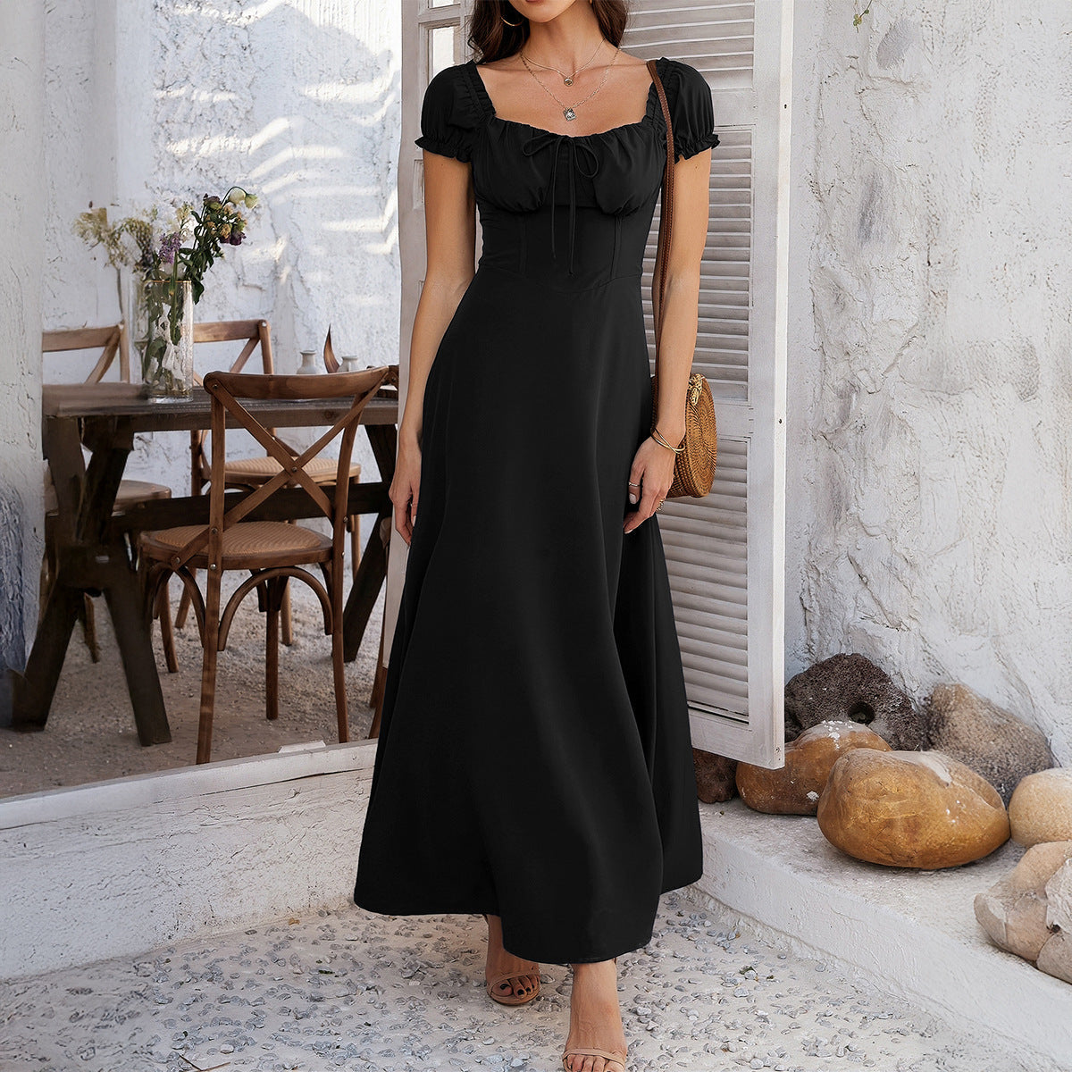 A-Line Midi Dress with Tie-Front Bust and Puff Sleeves