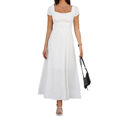 A-Line Midi Dress with Tie-Front Bust and Puff Sleeves