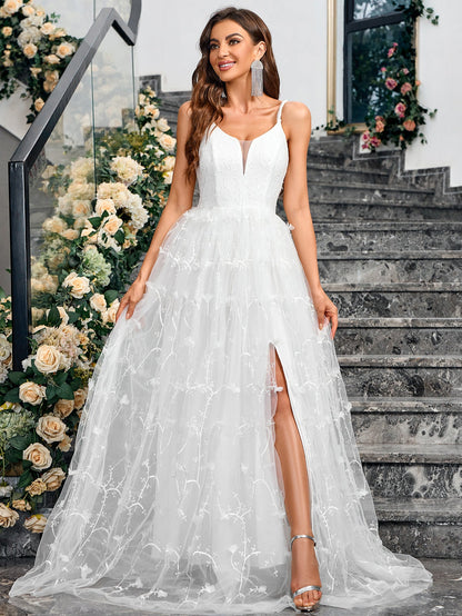 A-Line Maxi Dress with V-Neck and Embroidered Mesh Skirt