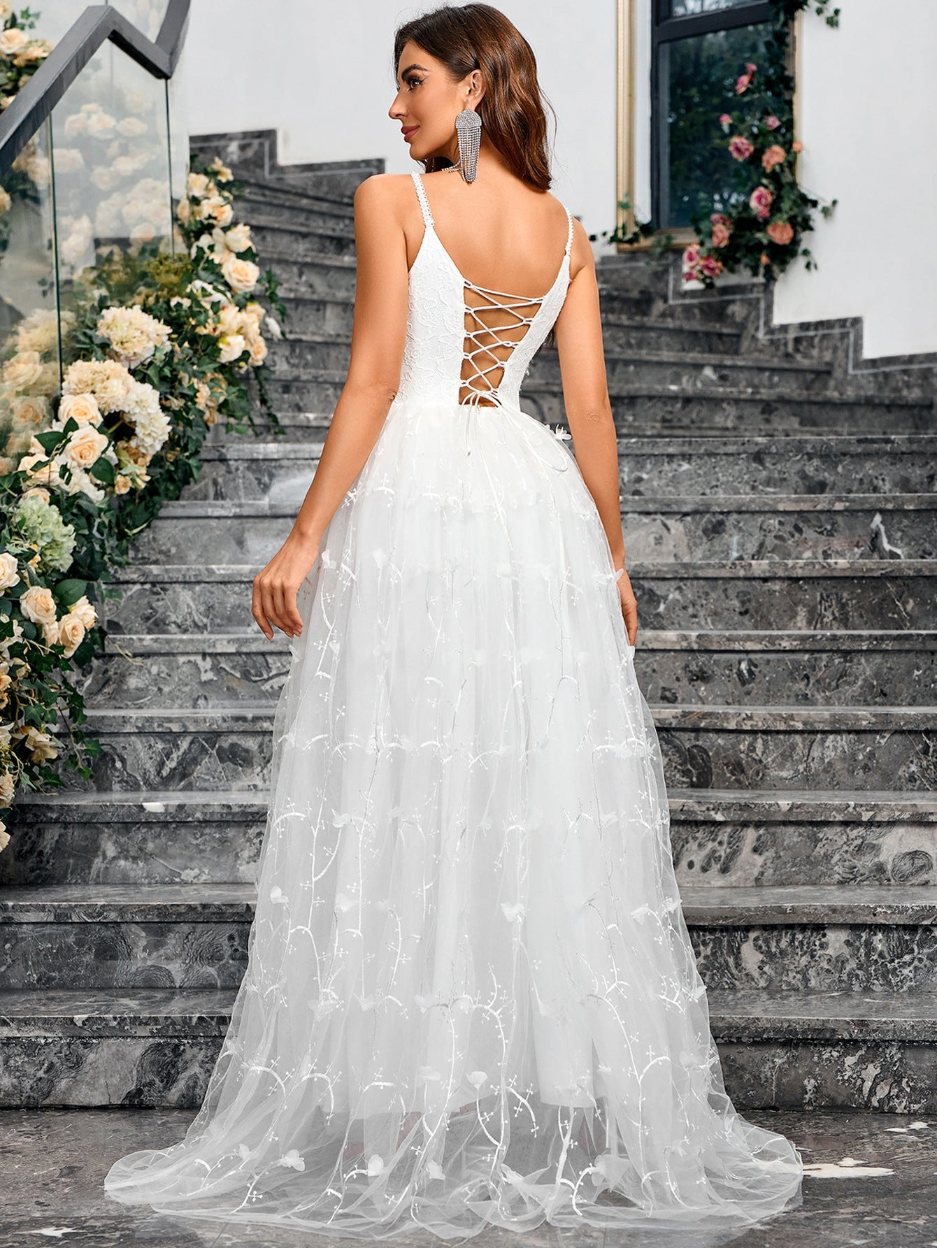 A-Line Maxi Dress with V-Neck and Embroidered Mesh Skirt