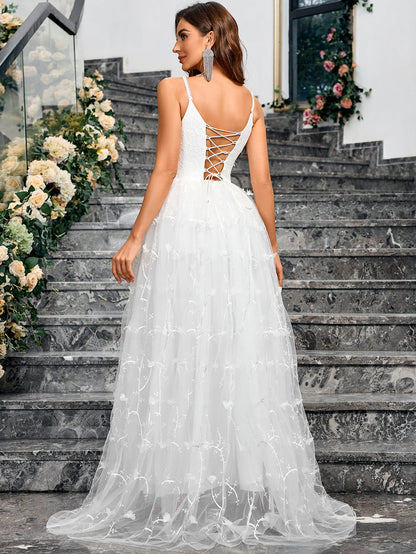 A-Line Maxi Dress with V-Neck and Embroidered Mesh Skirt